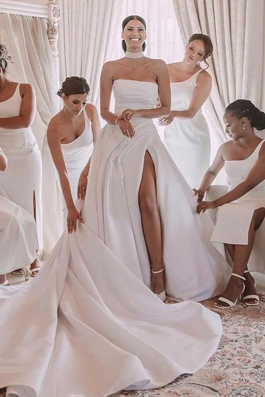 A Line Strapless Chapel Train Elegant Satin Wedding Dress With Front Split