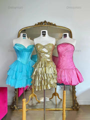 Dressystars A Line Strapless Cut Out Tiered Metallic Short Homecoming Dress