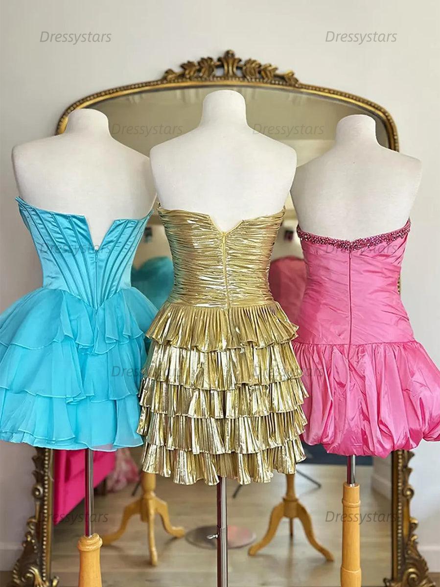 Dressystars A Line Strapless Cut Out Tiered Metallic Short Homecoming Dress