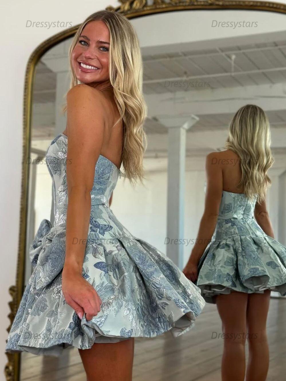 Dressystars A Line Strapless Printed Short Homecoming Dress with Bowknot