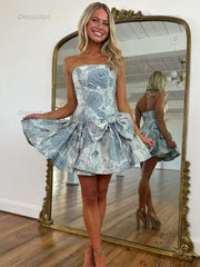 Dressystars A Line Strapless Printed Short Homecoming Dress with Bowknot