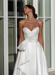 A Line Strapless Satin Wedding Dress With Split Front Bow