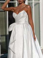 A Line Strapless Satin Wedding Dress With Split Front Bow