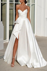 A Line Strapless Satin Wedding Dress With Split Front Bow