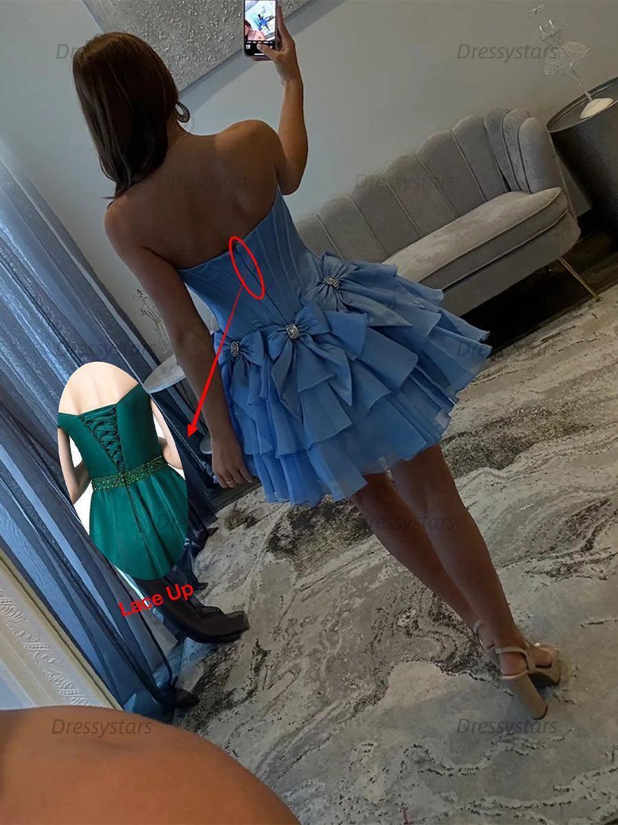 Dressystars A-Line Strapless Short Satin Homecoming Dress With Bowknot