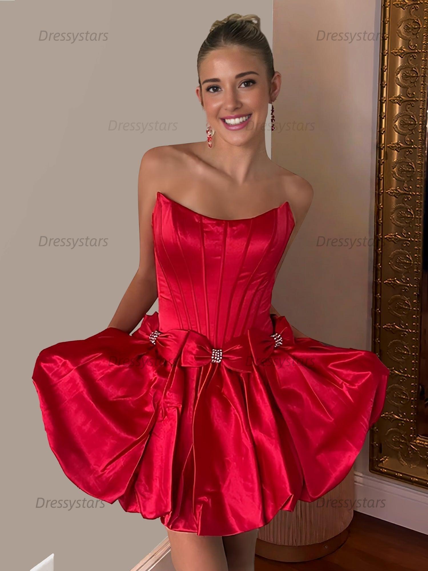 Dressystars A-Line Strapless Short Satin Homecoming Dress With Bowknot