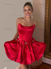 Dressystars A-Line Strapless Short Satin Homecoming Dress With Bowknot