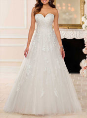A Line Strapless Sleeveless Tulle Lace Court Train Wedding Dress With Appliques Lace