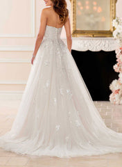 A Line Strapless Sleeveless Tulle Lace Court Train Wedding Dress With Appliques Lace