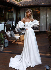 A Line Strapless Sweep Train Satin Wedding Dress With Front Split