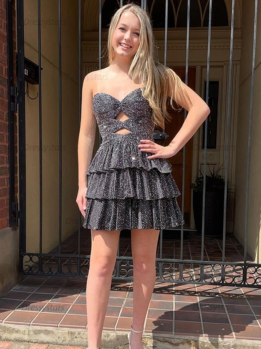 Dressystars A Line Strapless Sweetheart Satin Homecoming Dress with Keyhole