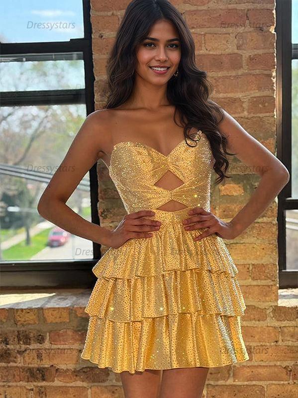 Dressystars A Line Strapless Sweetheart Satin Homecoming Dress with Keyhole