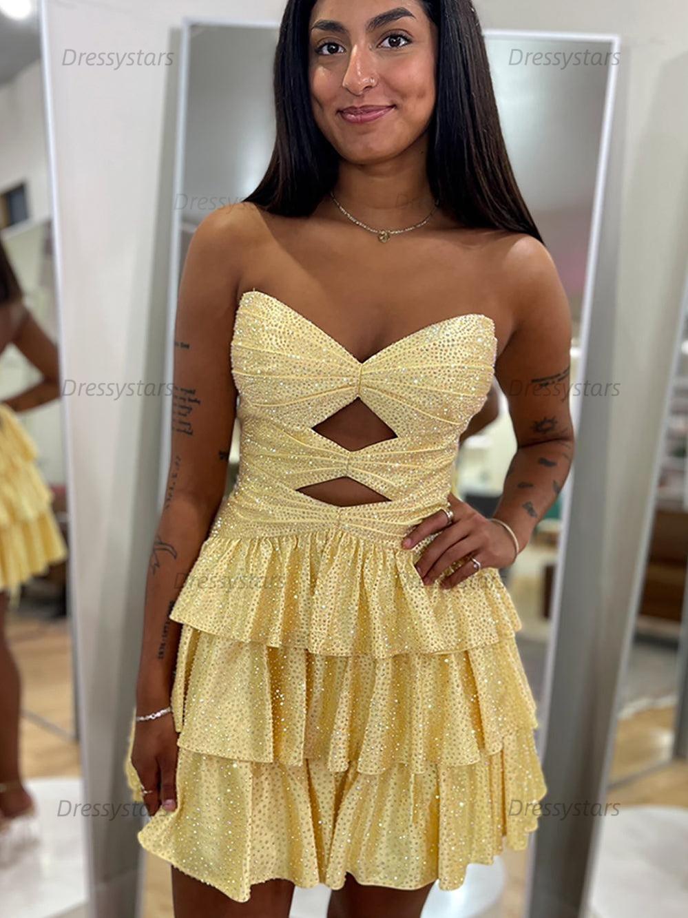 Dressystars A Line Strapless Sweetheart Satin Homecoming Dress with Keyhole