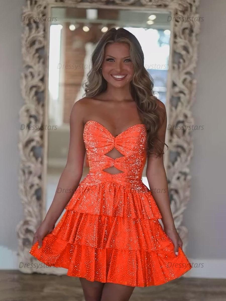Dressystars A Line Strapless Sweetheart Satin Homecoming Dress with Keyhole