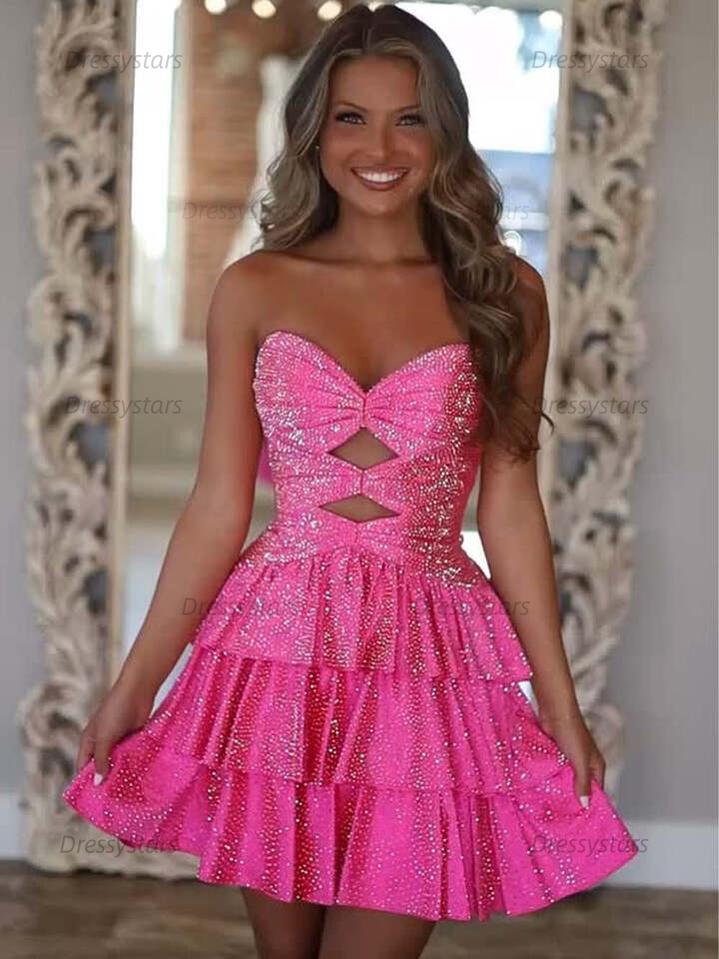 Dressystars A Line Strapless Sweetheart Satin Homecoming Dress with Keyhole