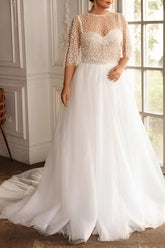 A Line Sweep Train Chiffon/Lace Wedding Dress Plus Size