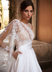 A Line Sweep Train Satin Wedding Dress With Appliques Lace