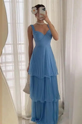 A Line Sweetheart Blue Long Prom Dress With Ruffles Formal Evening Gown