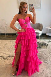A Line Sweetheart Hot Pink Long Prom Dress With Ruffles Keyhole Formal Evening Gown