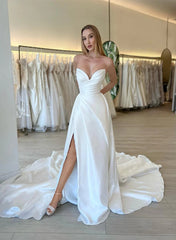 A Line Sweetheart Long Sleeves Wedding Dress With Split Front