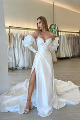 A Line Sweetheart Long Sleeves Wedding Dress With Split Front