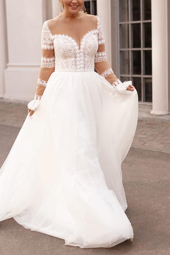 A Line Sweetheart Long Sleeves Wedding Dress for Plus Size