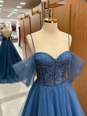 A Line Sweetheart Neck Beading Tulle Long Blue Prom Dress Formal Gown Evening Dress