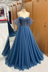 A Line Sweetheart Neck Beading Tulle Long Blue Prom Dress Formal Gown Evening Dress