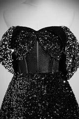 A Line Sweetheart Neck Black Velvet Formal Dress Sequin Long Evening Dress