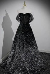 A Line Sweetheart Neck Black Velvet Formal Dress Sequin Long Evening Dress