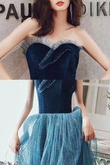A Line Sweetheart Neck Blue Velvet Formal Dress Long Christmas Party Dress