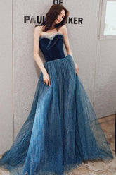 A Line Sweetheart Neck Blue Velvet Formal Dress Long Christmas Party Dress