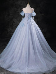 A Line Sweetheart Neck Off the Shoulder Tulle Blue Prom Dress Long Formal Gown Evening Dress