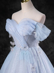 A Line Sweetheart Neck Off the Shoulder Tulle Blue Prom Dress Long Formal Gown Evening Dress