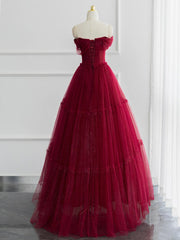 A Line Sweetheart Neck Tulle Burgundy Prom Dress Long Off the Shoulder Formal Gown Evening Dress
