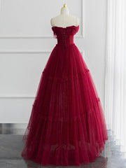 A Line Sweetheart Neck Tulle Burgundy Prom Dress Long Off the Shoulder Formal Gown Evening Dress