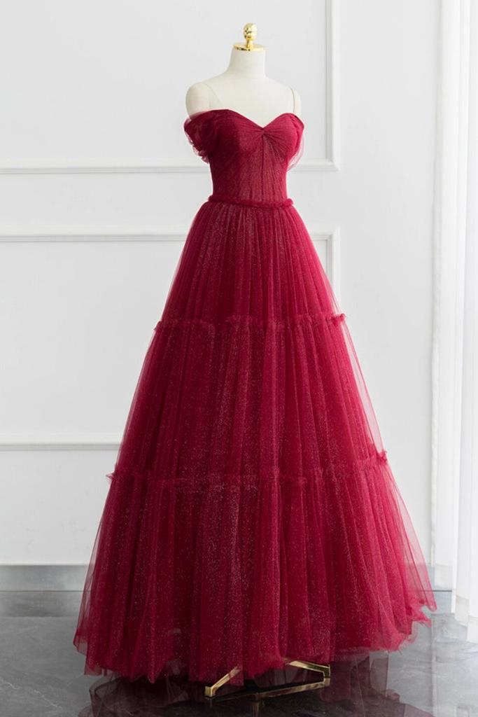 A Line Sweetheart Neck Tulle Burgundy Prom Dress Long Off the Shoulder Formal Gown Evening Dress