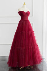 A Line Sweetheart Neck Tulle Burgundy Prom Dress Long Off the Shoulder Formal Gown Evening Dress
