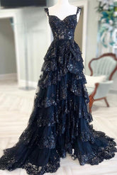 A Line Sweetheart Neck Tulle Sequin Black Prom Dress Long Formal Evening Dress