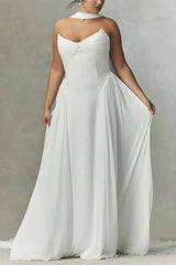 A Line Sweetheart Sleeveless Sweep Train Chiffon Wedding Dress with Pleats