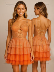 Dressystars A Line Sweetheart Tiered Satin Homecoming Dress with Keyhole