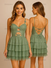 Dressystars A Line Sweetheart Tiered Satin Homecoming Dress with Keyhole