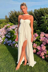A Line Sweetheart White Long Prom Dress With Ruffles Split Front Formal Evening Gown