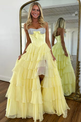 A Line Sweetheart Yellow Corset Prom Dress With Beading Ruffles Formal Evening Gown