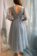 A Line Tea Length Gray Blue Prom Dress Formal Wedding Party Dress Formal Evening Dress