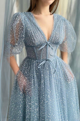 A Line Tea Length Gray Blue Prom Dress Formal Wedding Party Dress Formal Evening Dress