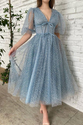 A Line Tea Length Gray Blue Prom Dress Formal Wedding Party Dress Formal Evening Dress