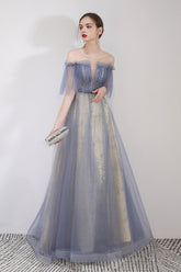 A Line Tulle Blue Prom Dress Long Sequin Graduation Dress Evening Dress