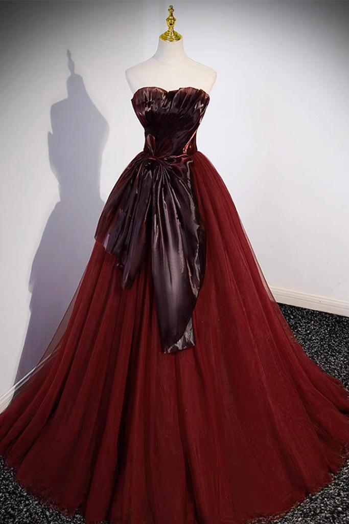 A Line Tulle Burgundy Prom Dress Long Formal Dress Evening Dress