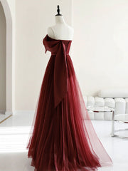 A Line Tulle Burgundy Prom Dress Long Formal Evening Dress